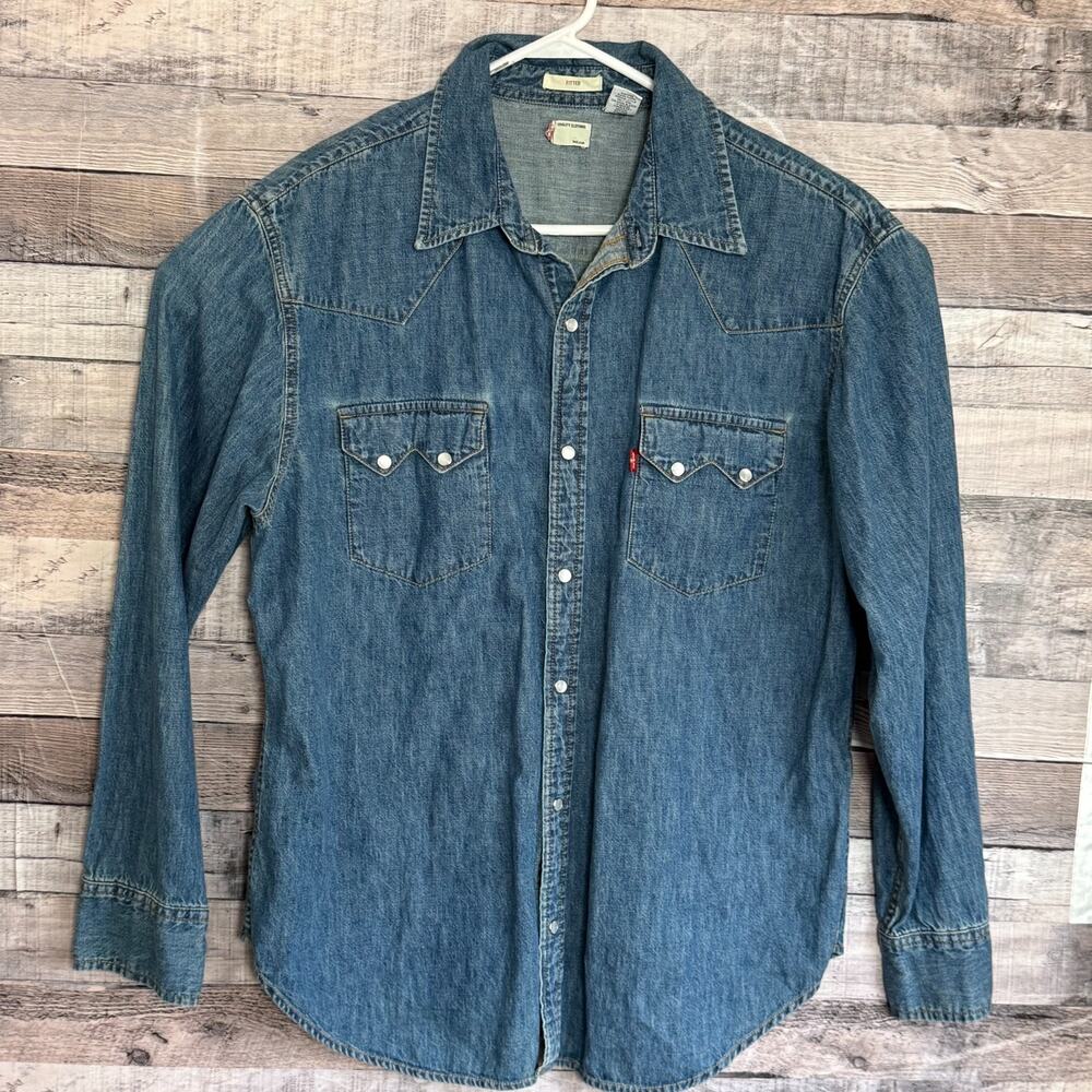 Levis Western Denim Pearl Snap Shirt Mens XL Blue Cowboy Long Sleeve